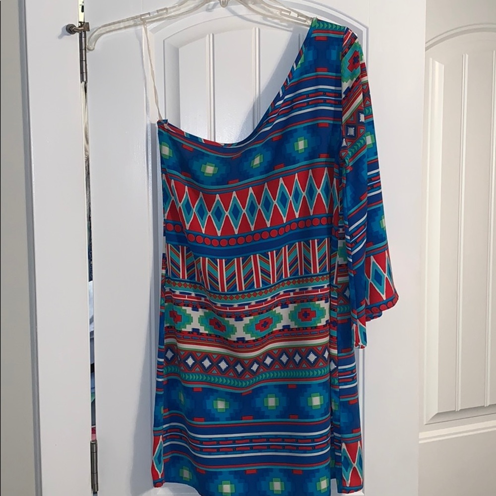 One shoulder Aztec print dress